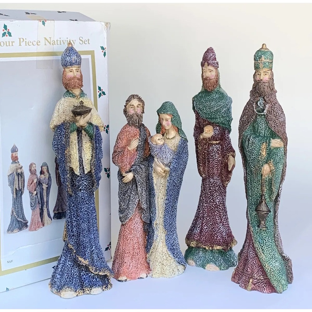 Nativity Set Holy Family Three Wise Men Figurines Textured Rustic Folk Art 4 Pc
